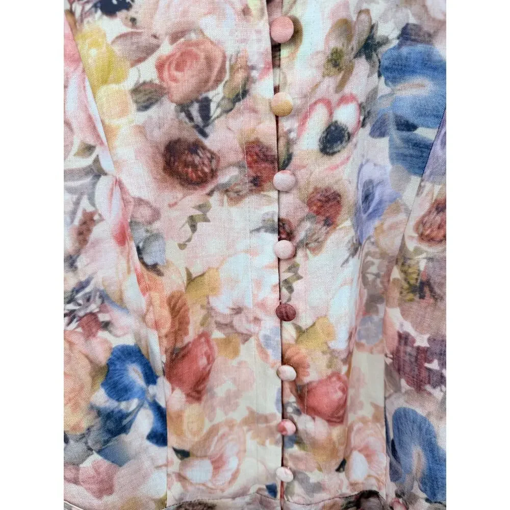 Commense Balloon Sleeve Floral Belted Midi Dress Mock Neck Pink Size Small NWT - Picture 5 of 9